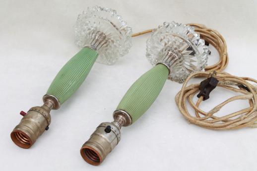 photo of 1930s vintage dresser lamps, jadite green celluloid & glass vanity table lamp set #9