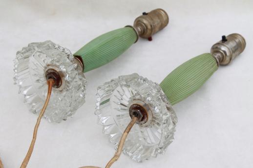 photo of 1930s vintage dresser lamps, jadite green celluloid & glass vanity table lamp set #10