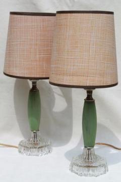 catalog photo of 1930s vintage dresser lamps, jadite green celluloid & glass vanity table lamp set