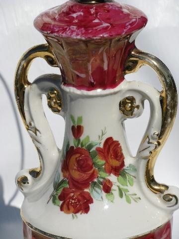 photo of 1930s vintage early electric china table lamp, pink luster and roses #3