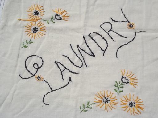 photo of 1930s vintage embroidered cotton laundry bag, old flour sack fabric #2