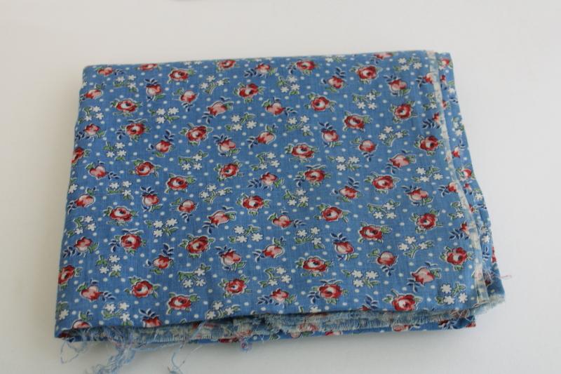 photo of 1930s vintage fabric, fine light cotton lawn w/ tiny floral print pink on blue #1