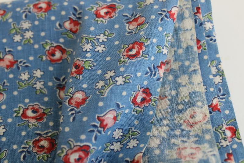 photo of 1930s vintage fabric, fine light cotton lawn w/ tiny floral print pink on blue #2