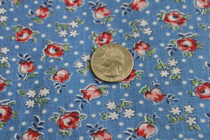 photo of 1930s vintage fabric, fine light cotton lawn w/ tiny floral print pink on blue #3