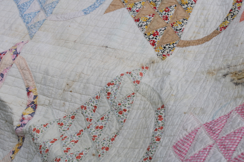 photo of 1930s vintage flower basket patchwork quilt, hand stitched quilting cotton sugar sacks feedsack fabric  #4