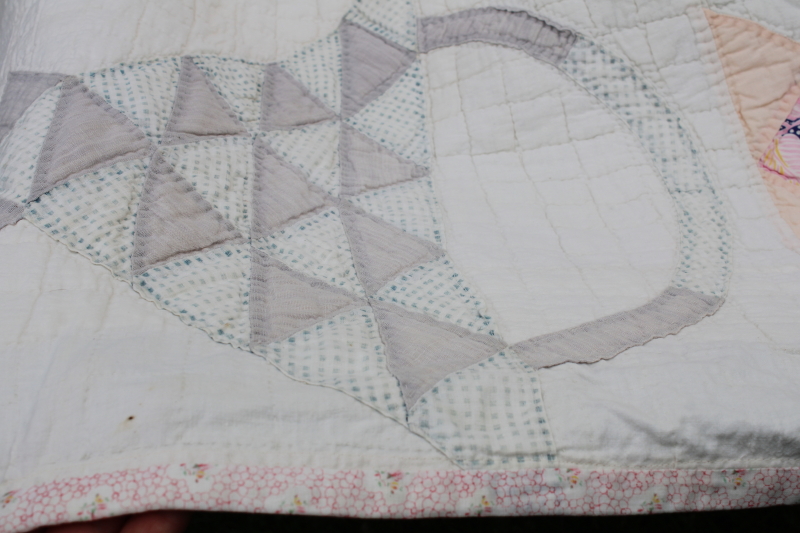 photo of 1930s vintage flower basket patchwork quilt, hand stitched quilting cotton sugar sacks feedsack fabric  #5