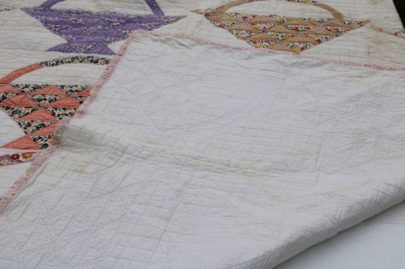 photo of 1930s vintage flower basket patchwork quilt, hand stitched quilting cotton sugar sacks feedsack fabric  #6