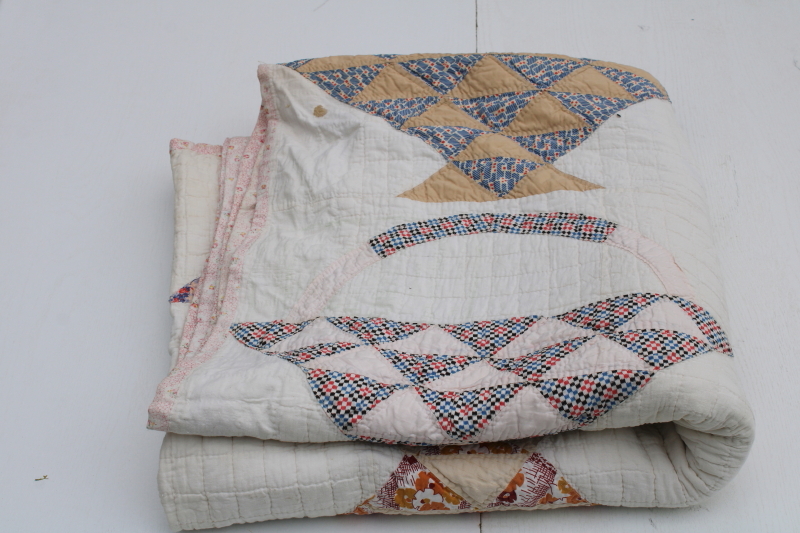 photo of 1930s vintage flower basket patchwork quilt, hand stitched quilting cotton sugar sacks feedsack fabric  #10