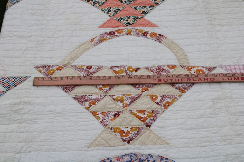 photo of 1930s vintage flower basket patchwork quilt, hand stitched quilting cotton sugar sacks feedsack fabric  #12