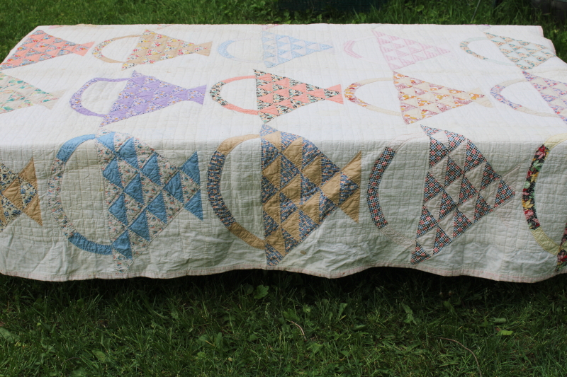 photo of 1930s vintage flower basket patchwork quilt, hand stitched quilting cotton sugar sacks feedsack fabric  #15