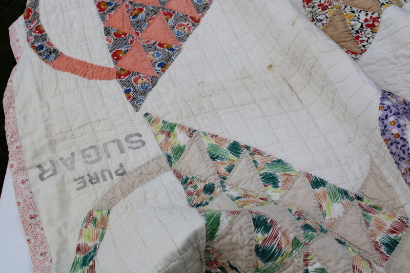 photo of 1930s vintage flower basket patchwork quilt, hand stitched quilting cotton sugar sacks feedsack fabric  #17