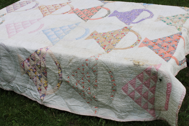 photo of 1930s vintage flower basket patchwork quilt, hand stitched quilting cotton sugar sacks feedsack fabric  #18