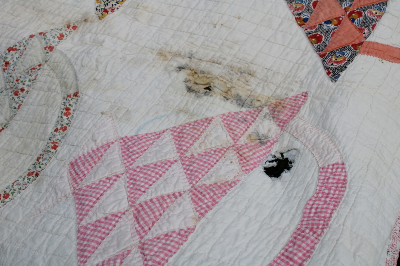 photo of 1930s vintage flower basket patchwork quilt, hand stitched quilting cotton sugar sacks feedsack fabric  #19