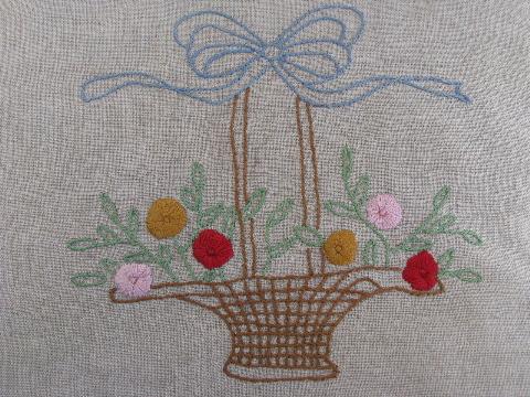 photo of 1930s vintage flower basket pillow, old embroidery on flax linen #3