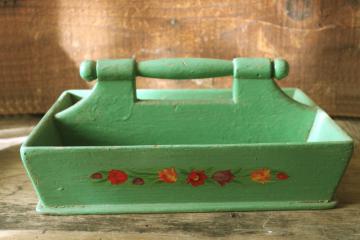 catalog photo of 1930s vintage flower decal green painted wood flatware box, tote w/ handle