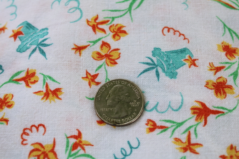 photo of 1930s vintage flowered print cotton feed sack fabric, kitchen tablecloth w/ crochet lace #2