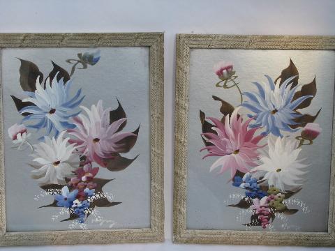 photo of 1930's vintage framed floral pictures, hand-painted flowers on silver #1