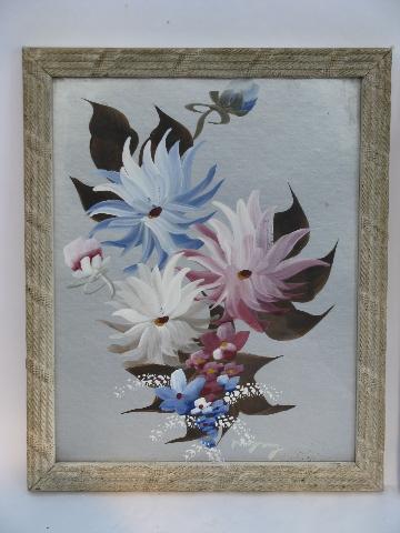 photo of 1930's vintage framed floral pictures, hand-painted flowers on silver #2