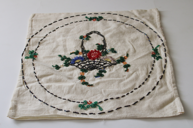 photo of 1930s vintage glass beaded embroidery, hand embroidered flower basket cotton muslin pillow cover  #1