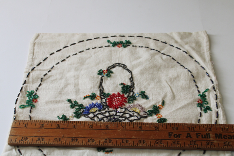 photo of 1930s vintage glass beaded embroidery, hand embroidered flower basket cotton muslin pillow cover  #2