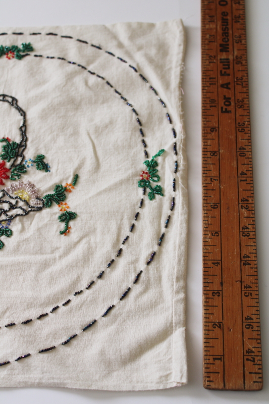 photo of 1930s vintage glass beaded embroidery, hand embroidered flower basket cotton muslin pillow cover  #3