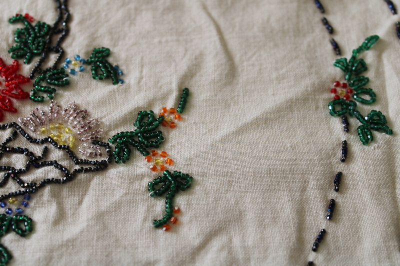 photo of 1930s vintage glass beaded embroidery, hand embroidered flower basket cotton muslin pillow cover  #4