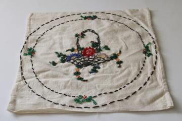 catalog photo of 1930s vintage glass beaded embroidery, hand embroidered flower basket cotton muslin pillow cover 