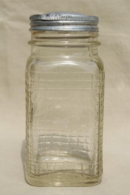 photo of 1930s vintage glass canister jar, square waffle glass hoosier spice set bottle w/ metal lid #1