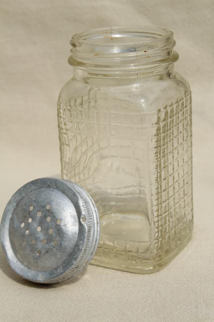 photo of 1930s vintage glass canister jar, square waffle glass hoosier spice set bottle w/ metal lid #2