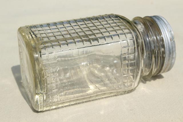 photo of 1930s vintage glass canister jar, square waffle glass hoosier spice set bottle w/ metal lid #3