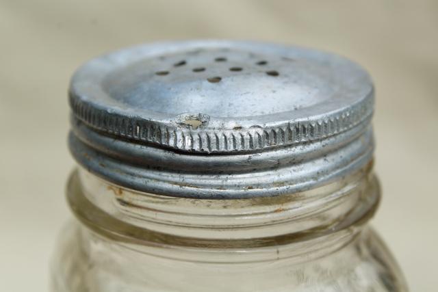 photo of 1930s vintage glass canister jar, square waffle glass hoosier spice set bottle w/ metal lid #4