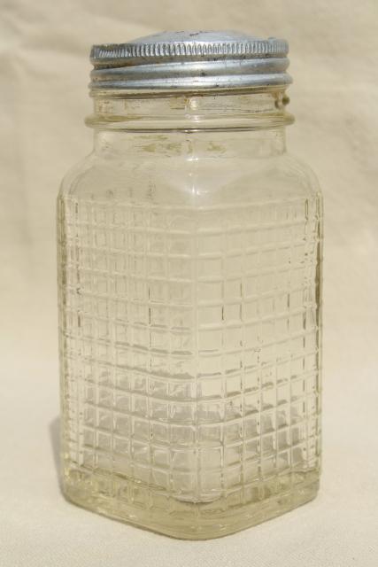 photo of 1930s vintage glass canister jar, square waffle glass hoosier spice set bottle w/ metal lid #5