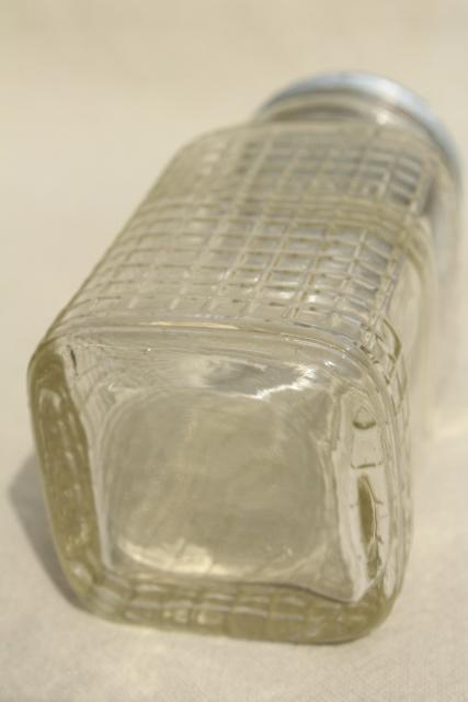 photo of 1930s vintage glass canister jar, square waffle glass hoosier spice set bottle w/ metal lid #6