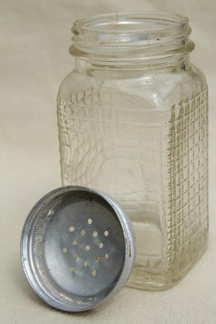 photo of 1930s vintage glass canister jar, square waffle glass hoosier spice set bottle w/ metal lid #8