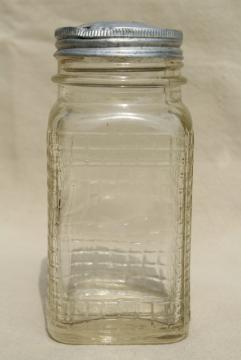 catalog photo of 1930s vintage glass canister jar, square waffle glass hoosier spice set bottle w/ metal lid