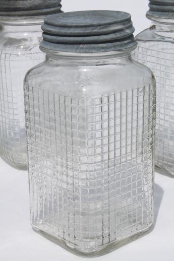 photo of 1930s vintage glass canning jars, square waffle glass hoosier canisters w/ zinc lids #3