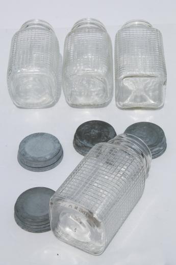 photo of 1930s vintage glass canning jars, square waffle glass hoosier canisters w/ zinc lids #5