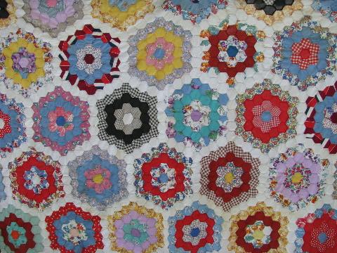 photo of 1930's vintage grandma's flower garden quilt top, hand-pieced of old prints #1