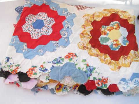 photo of 1930's vintage grandma's flower garden quilt top, hand-pieced of old prints #2