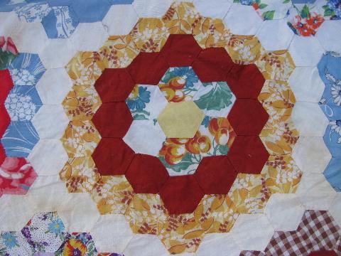 photo of 1930's vintage grandma's flower garden quilt top, hand-pieced of old prints #3