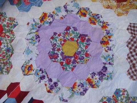 photo of 1930's vintage grandma's flower garden quilt top, hand-pieced of old prints #4