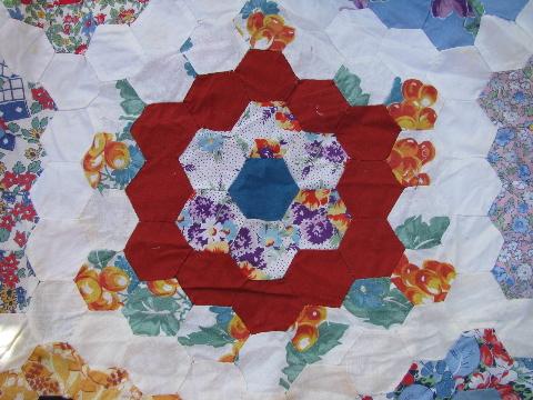 photo of 1930's vintage grandma's flower garden quilt top, hand-pieced of old prints #5