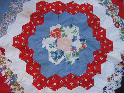 photo of 1930's vintage grandma's flower garden quilt top, hand-pieced of old prints #6