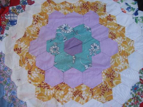 photo of 1930's vintage grandma's flower garden quilt top, hand-pieced of old prints #7