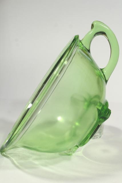 photo of 1930s vintage green depression glass batter pitcher mixing bowl, Hazel Atlas glassware #1