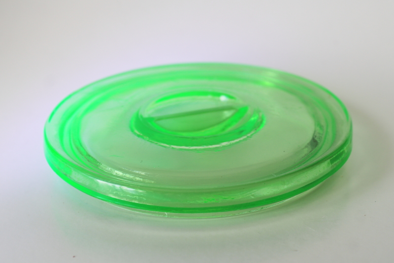 photo of 1930s vintage green depression glass lid, replacement cover for round fridge dish or drippings jar  #1