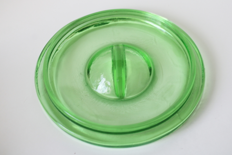 photo of 1930s vintage green depression glass lid, replacement cover for round fridge dish or drippings jar #3