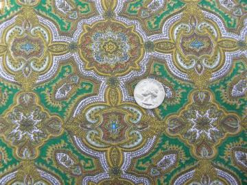 catalog photo of 1930s vintage green & gold paisley print cotton fabric, 36'' wide