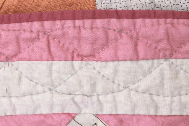 photo of 1930s vintage hand-stitched quilt, lovely old cotton fabric patchwork blocks #2