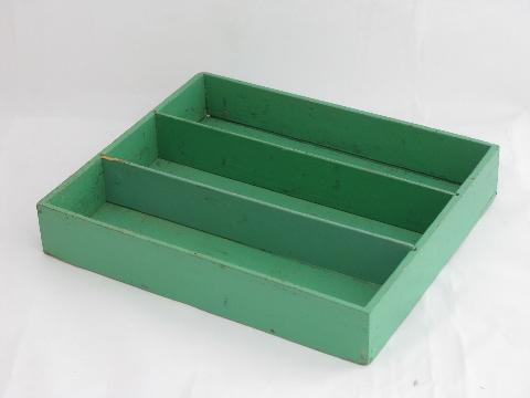 photo of 1930s vintage jade green flatware / kitchen utensil tray, old wood knife box #1